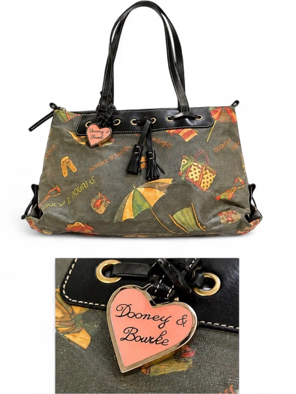 Dooney & Bourke Y2K Vintage Miami Beach Print Tassel Shoulder Satchel Bag Purse